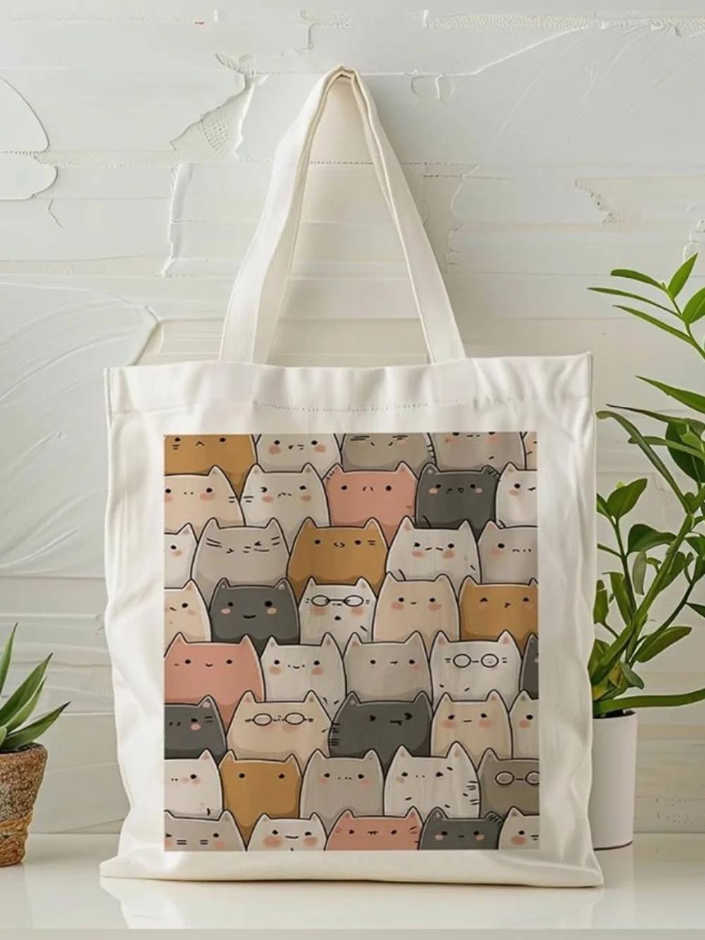 Cute Cat Pattern Canvas Tote Bag - White NWT.